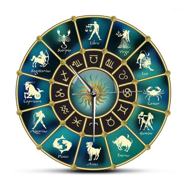 Золотой синий гороскоп круг с признаками зодиака акриловый немой настенные часы созвездие астрологии символ домашнего декора Настенные часы1