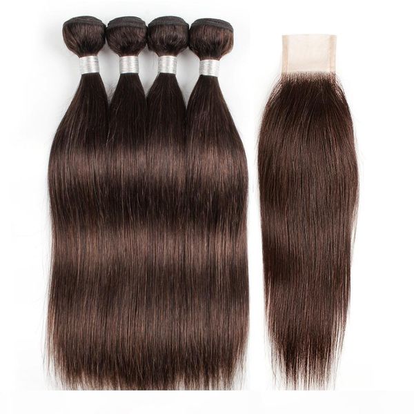 

#2 dark brown brazilian straight hair weave bundles with closure 4 bundles with 2x6 lace closure remy human hair extensions wholesale, Black;brown