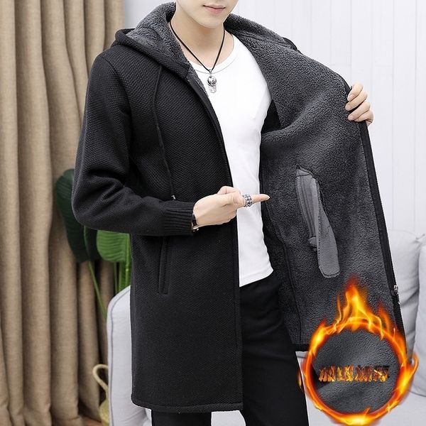

men's wool cardigan slim fit autumn winter warm thick solid hooded zipper long jackets knitted cotton casual fsashion sweaters 201106, White;black