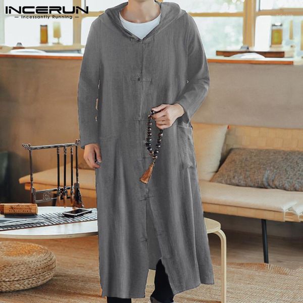 

incerun men trench coats cotton hooded long sleeve button vintage long cardigan 2019 casual outerwear chinese style jackets 5xl1, Tan;black