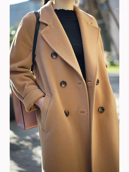 

women woolen outerwear 2020 new arrival autumn winter woolen coat camel double breasted medium length wool outwear1, Black