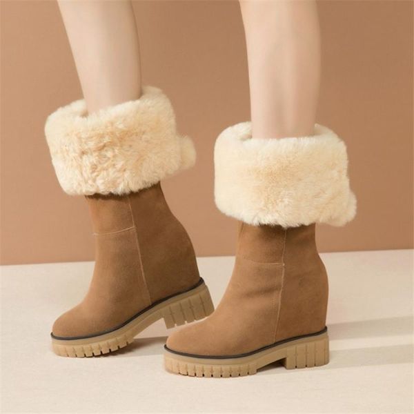 

pxelena handmade celebrity women fur snow boots cow suede hidden high heels winter warm wool plush boots lady punk gothic shoes, Black