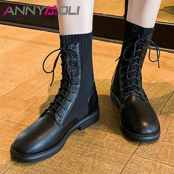 

boots annymoli lace up med heel woman platform mid calf block round toe female shoes autumn winter black big size 401