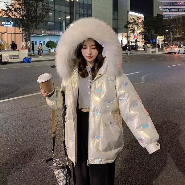 

large fur collar disposable sequins shiny down padded jacket women 202 new style korean loose mid-length, Black
