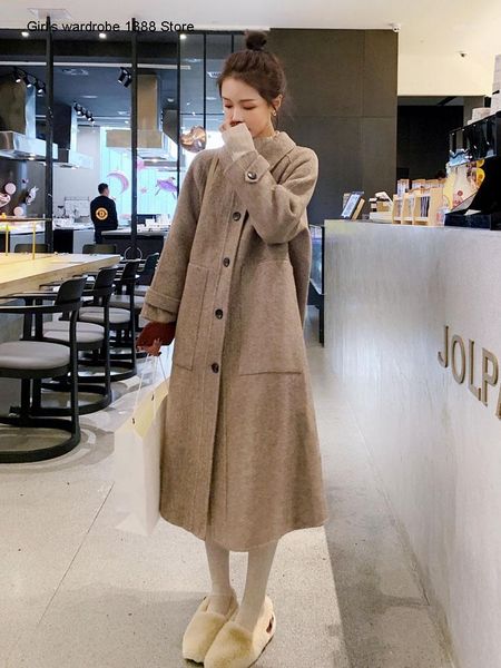 

woolen coat women's middle and long style over the knee autumn and winter new korean loose herringbone pattern popular1, Black