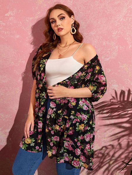

plus allover floral print puff sleeve chiffon kimono q1g2#, Black