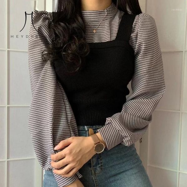 

heydress women elegant sets half turtleneck lantern long sleeve pullover blouse + slim knitted short vest 2020 fahsion suits1, White