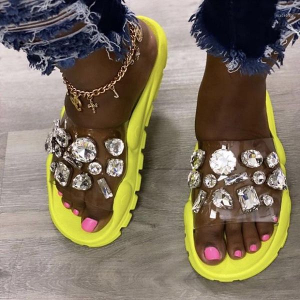

slippers crystal pvc flats female outside flip flops shoes for women rhinestone open square toe women's shoes1, Black