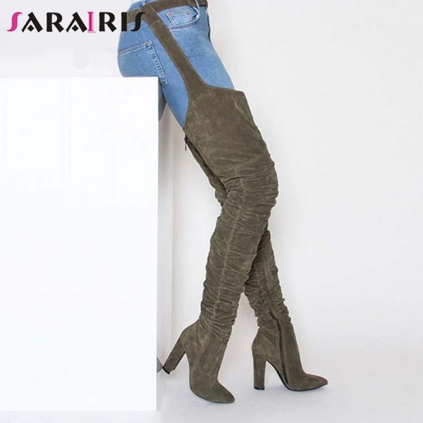 

boots sarairis big size 36-43 female fashion over knee women pointed toe thick high heels thigh shoes woman, Black