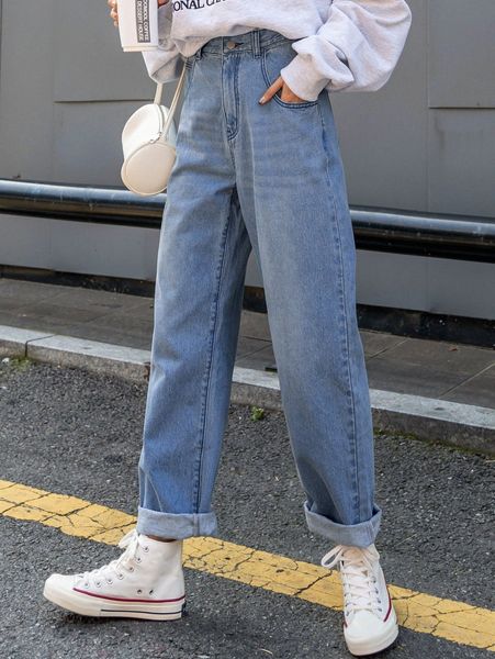 

dazy high waist bleach wash straight leg jeans z24w#, Blue