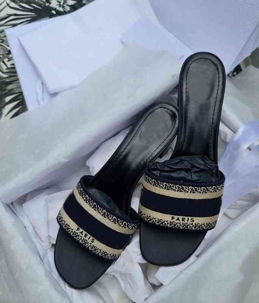 

summer dway slides women's sandals embroidery d-straps slipper flats high heels beach flop flip lady mules comfort walking with box, Black