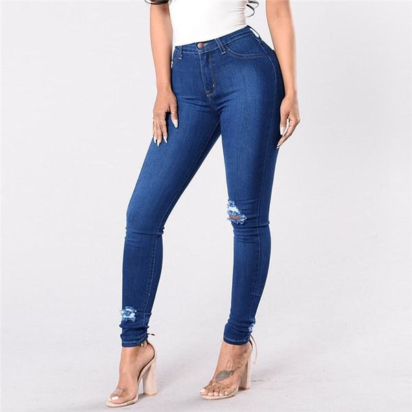 

women's jeans large size hole jeans denim button zip female high elastic washed mid waist stretch slim pencil pants e161, Blue