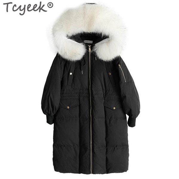 

tcyeek winter duck down jacket women long down coat female thick jackets clothes ladies real raccoon fur hooded warm coats 2703, Black