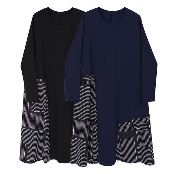 

women striped panelled dress spring autumn loose long sleeve casual dresses ladies crew neck clothing, Black;gray