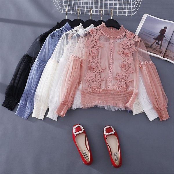 

elegant lace blouse shirt embroidery lantern sleeve feminine blouse women summer cotton female2ps set t200321, White