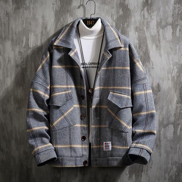

men's wool & blends fashion winter plaid jacket men coat casual slim turn down collar trench, Black