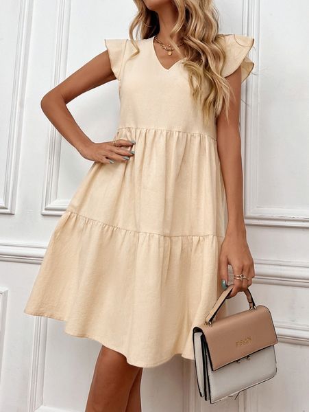 

v neck ruffle hem dress 52ob#, Black;gray