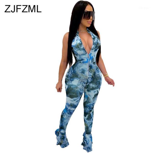 

tie dyeing print rompers womens jumpsuit elegant deep v neck sleeveless one piece overall streetwear front zipper flare bodysuit1, Black;white