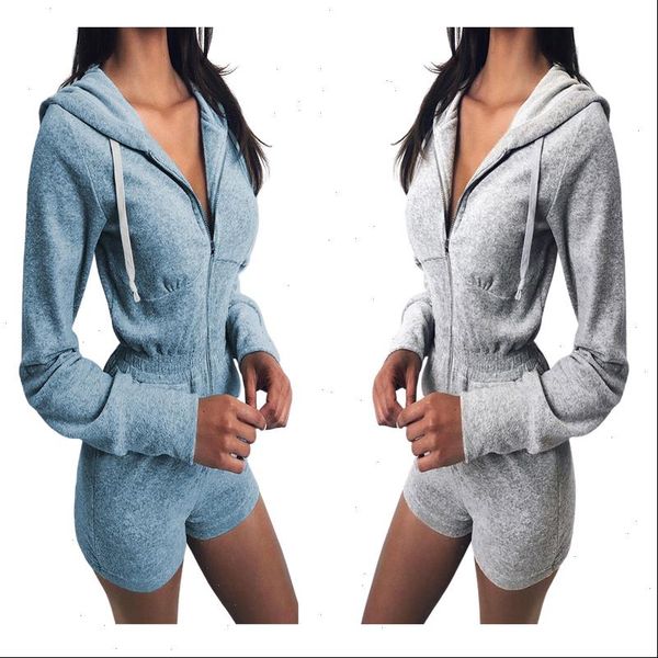 

women long sleeve hooded zip up playsuit solid color rompers ladies high waist elastic jumpsuit drop shipping, Black;white