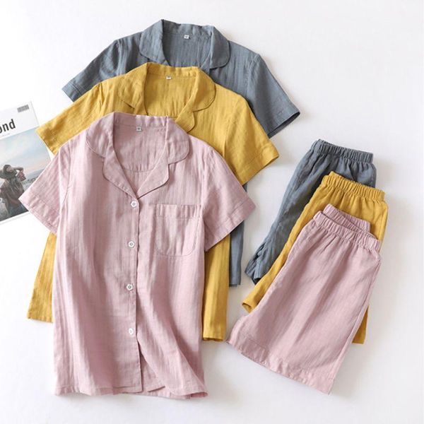 

women 2pcs pajamas set short sleeve lapel shorts solid color loose sleepwear1, Black;red