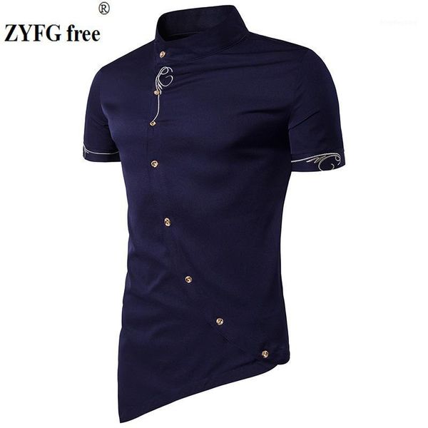 

2020 male casual shirts new arrivals oblique button irregular solid embroidery pattern fit short sleeve shirts men eu/us size1, White;black