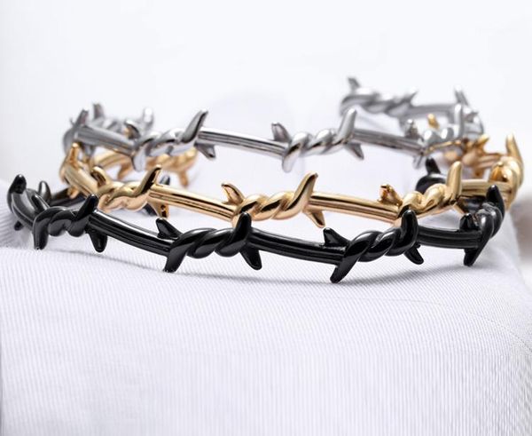 

men bangle open cuff twist thorns wire pulsera titanium steel geometric bracelet bangles 16-20cm barbed jewelry1, Golden;silver