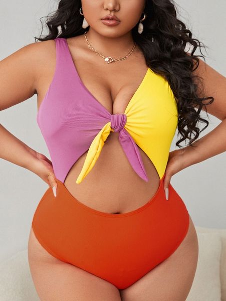 

plus color block rib knot front one piece swimsuit t5hy#, Black
