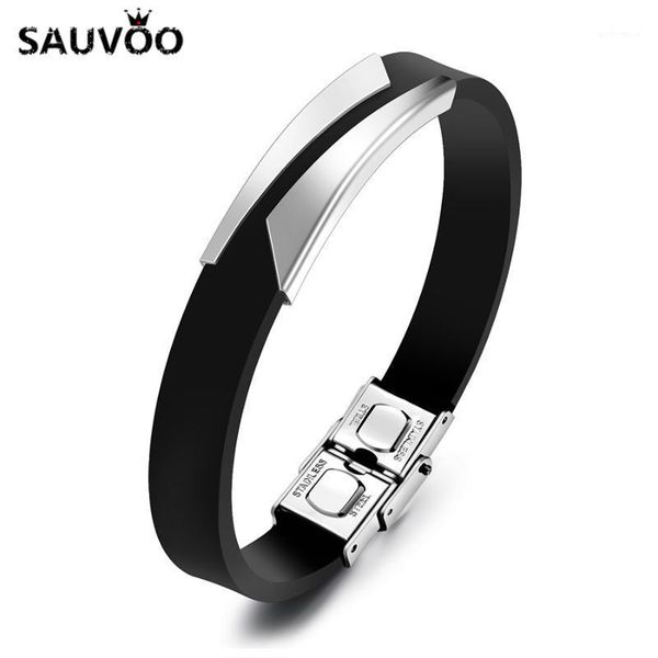 

sauvoo fashion punk simple stainless steel gold silver color geometric charms silicone bracelet bangle for men women jewelry1, Golden;silver