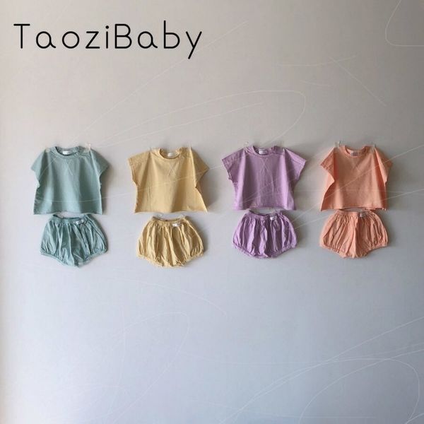 

children's t-shirt solid color +shorts new summer baby girl and boy solid color short sleeve two-piece suit y200525, White