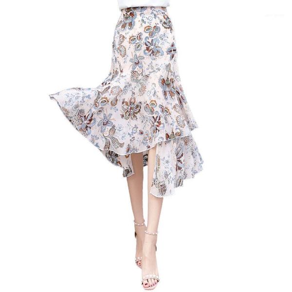 

boho floral print women irregular ruffel summer casual fashion natural waist holidays beach asymmetrical midi long skirt 2460ly1, Black