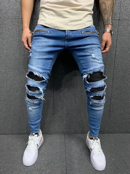 

men's jeans blue patched ray pattern