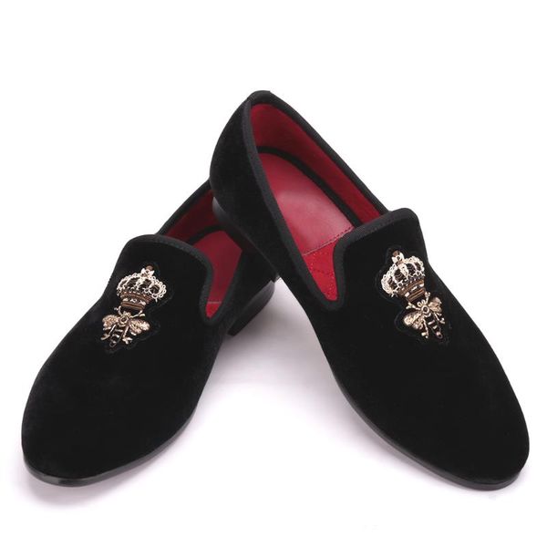 

dress shoes bees silk embroidery men velvet loafers wedding and party shoe flats zapatos hombre, Black