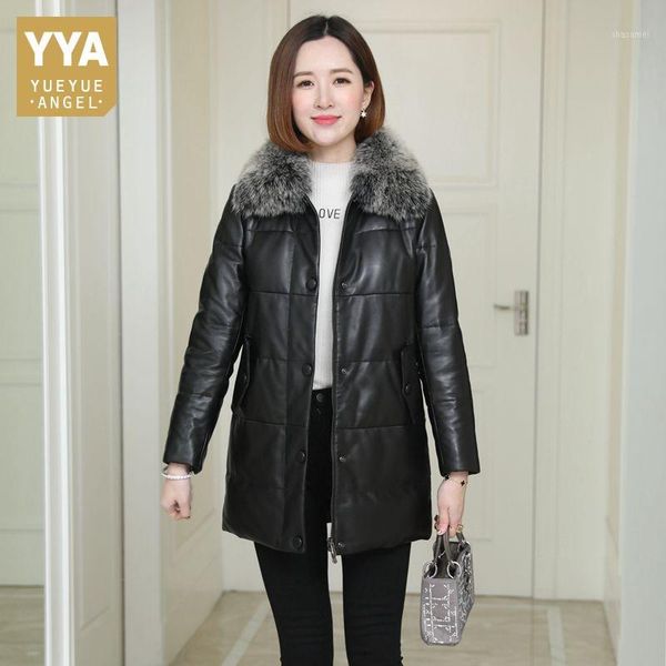 

brand sheepskin fur collar loose down coat women solid black winter genuine leather long jacket female warm outwear1