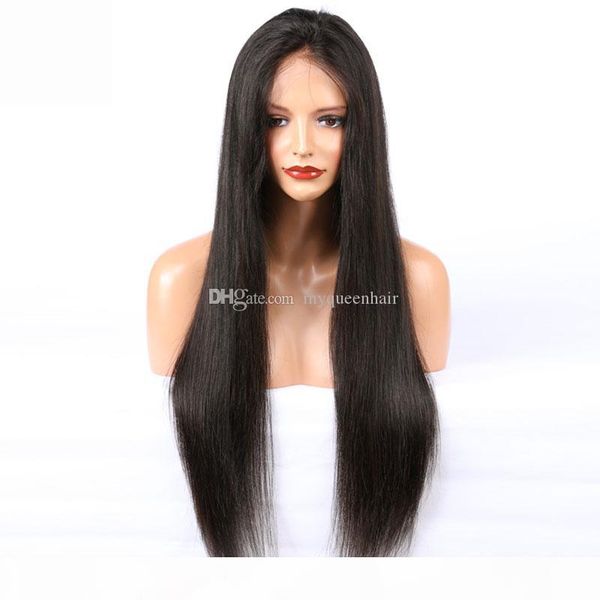 

human hair lace front wig silky straight pre plucked hairline soft brazilian virgin hair full lace wig 150% density with baby hair, Black;brown