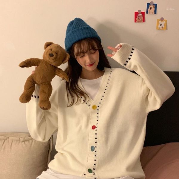 

cardigan sweater women 2020 autumn new retro knitted cardigan jacket v-neck single-breasted long sleeve solid color, White