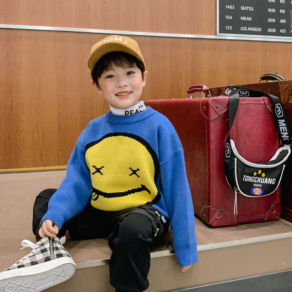 

im clothing boys' sweater smiling face pullover fashion 2020 new winter china universi children's korean version of foreign, Blue