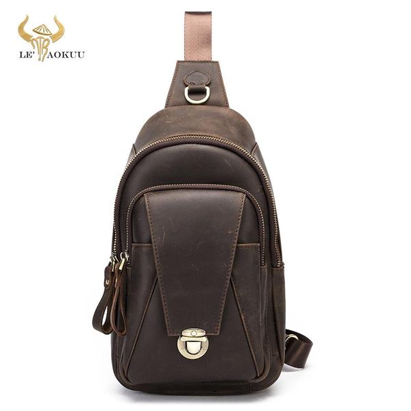 

2021 men thick crazy horse leather vintage triangle crossbody sling chest bag design travel one shoulder bag daypack male 8018