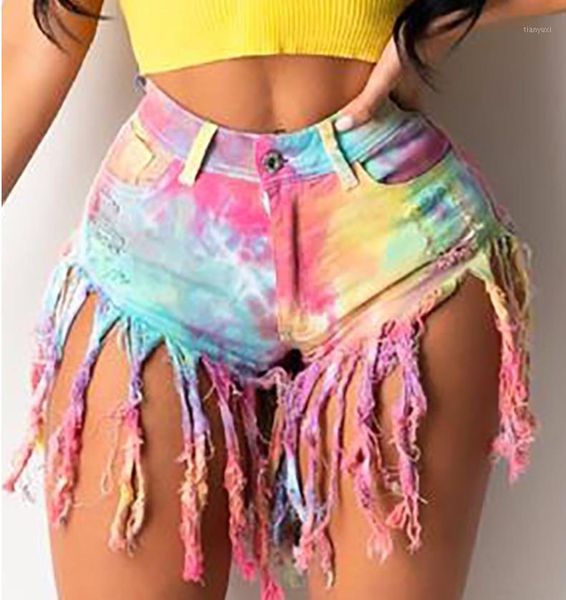 

wholesale european and american style fringed brushed tie-dye imitation denim shorts women's jeans casual1, White;black