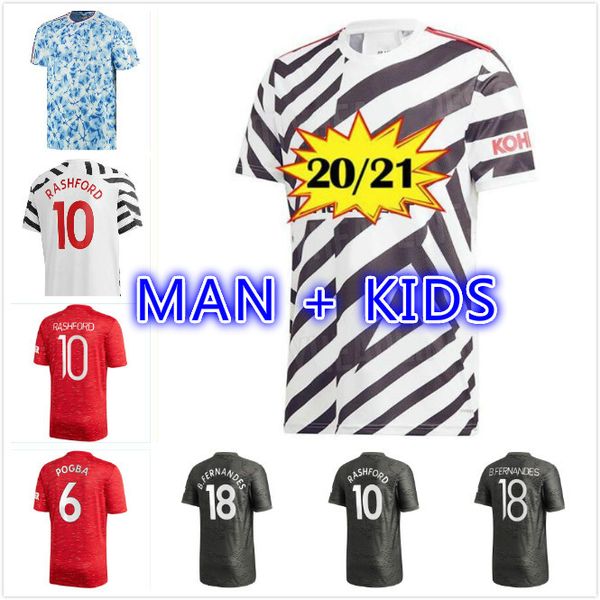 

2020 2021 cavani van de beek b. fernandes pogba soccer jerseys martial football shirts utd 20 21 third uniforms man kids 3xl 4xl, Black