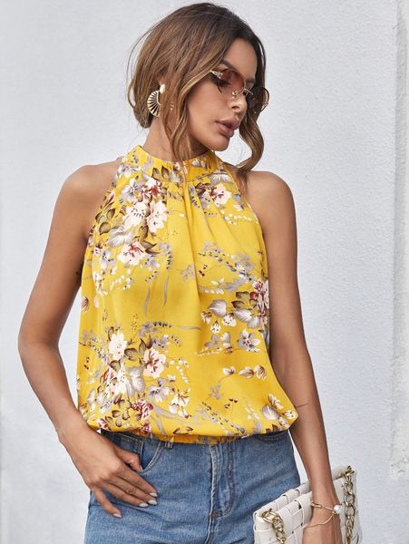 

mock-neck gathered front floral e83v#, White