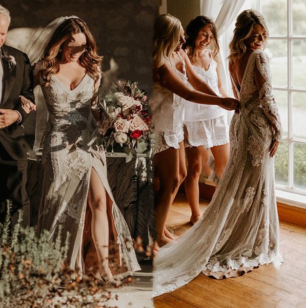 

vintage beige mermaid country wedding dresses illusion long sleeve appliques open back deep v neck thigh slit boho beach bridal gowns, White