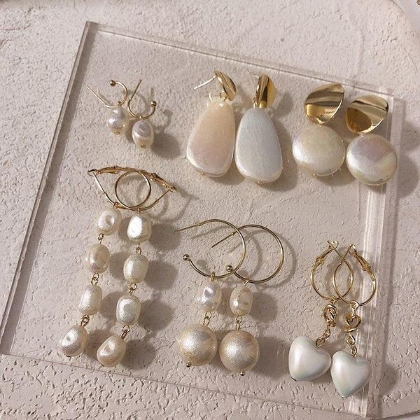 

mengjiqiao new elegant shell simulated pearl long pendientes mujer moda fashion heart acrylic holiday round earrings jewelry, Silver