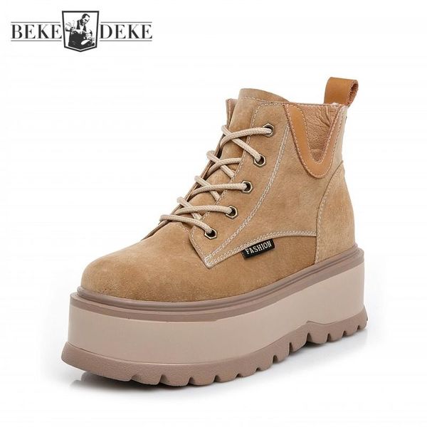 

boots autumn women genuine leather fashion thick bottom height increasing wedges shoes female winter warm fleece ankle, Black