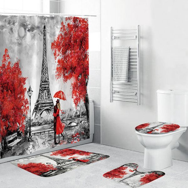 Retro Paris Tower Imprimir Chuveiro Banho Curtain Curtain Acessórios Banheiro 4 Piece Soft Alta Qualidade Toilet Tapete Pad Home Decor T200711