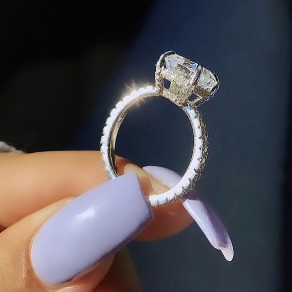 Sólido real 100% prata esterlina 925 dedo anelar de luxo 2 ct corte almofada com diamante anéis de noivado de casamento para mulheres joias finas por atacado