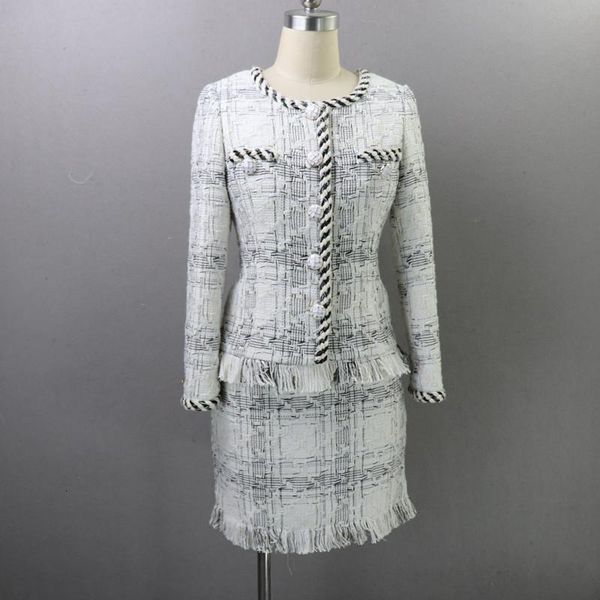 

two piece dress 2021 arrival runway fashion women's skirt suits long sleeve elegant woolen tweed jacket and set, White