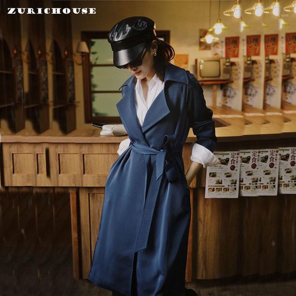 

zurichouse fashion long windbreaker women 2020 personality matte peacock blue trench bandage spring coat female1, Tan;black