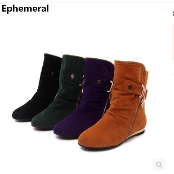 

lady's retro rinding boots flock big size 34-43 warm boots flats sequined mid-calf botas women flattie shoe short autumn booty1, Black