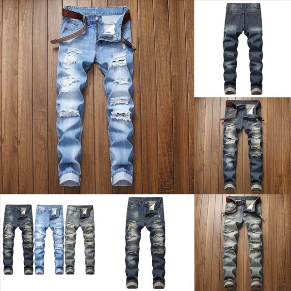 

gnzou new arrived true religious man fit distressed ripped holes men jeans hole slim hop hip jeans streetwear men blue jeans skinny, Black