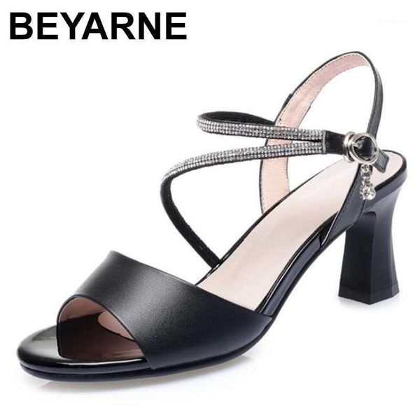 

sandals beyarne promotional rhinestones cowhide leather woman high heel shoes 2021 big size open toe shoe summer women1, Black